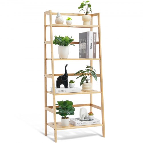 Natural trapezoid 4-tier bamboo ladder bookshelf with books, plants, and decor on shelves.