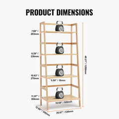 Natural trapezoid 4-tier bamboo ladder bookshelf with labeled dimensions and dumbbell props.