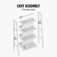 Diagram of 4-tier bamboo ladder bookshelf assembly with labeled parts A to F.