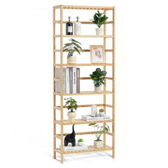 Bostome 6-tier bamboo ladder bookshelf with natural wood finish and open shelves for storage.