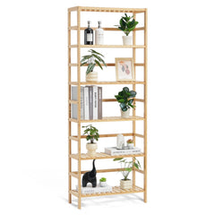Bostome 6-tier bamboo ladder bookshelf with natural wood finish and open shelves for storage.