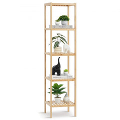 Narrow 5-tier bamboo corner bookshelf with ladder design, displaying plants and decor.