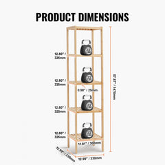 Diagram of 5-tier bamboo corner bookshelf showing 12-inch width, 71-inch height, and 0.59-inch thickness.