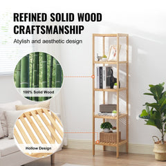 A 5-tier narrow bamboo bookshelf with ladder design, holding books, plants, and decor in a corner.