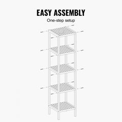 A 5-tier narrow bamboo corner bookshelf with ladder design and easy one-step assembly.