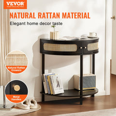 Black half-moon console table with rattan texture and two storage drawers for entryway organization.