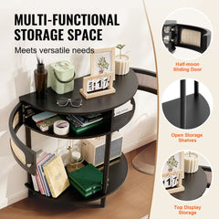 Black half-moon console table with rattan design and two storage drawers for entryway organization.