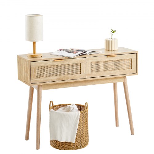 Natural rattan console table with two drawers and an open shelf for entryway storage.