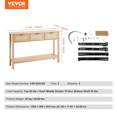 Natural wood console table with three drawers and a sliding door, featuring rattan accents.