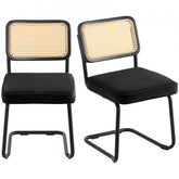 Set of 2 mid-century modern rattan dining chairs with velvet seats and cantilever metal frames.