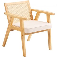 Beige mid-century modern accent chair with rattan back and velvet seat.