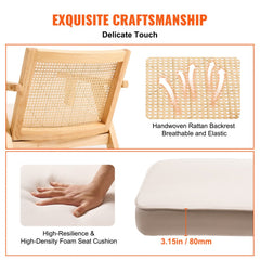 Beige mid-century modern accent chair with handwoven rattan backrest and high-density foam seat.