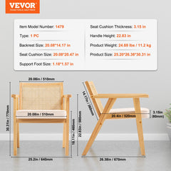 Beige mid-century modern rattan and velvet accent chair with measurements.