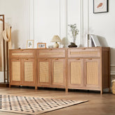 Set of three natural rattan cabinets with six doors, three drawers, and adjustable shelves.