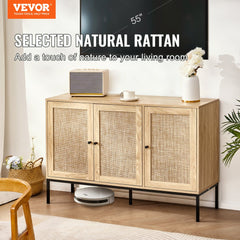 Natural rattan storage cabinet with three magnetic doors and wooden frame.