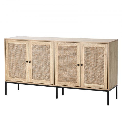 Natural wood rattan storage cabinet with four magnetic doors on black metal legs.