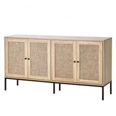 Natural wood rattan storage cabinet with four magnetic doors on black metal legs.