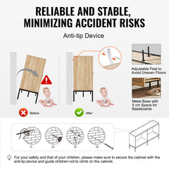 Diagram showing anti-tip device securing a wooden storage cabinet to wall for stability, with before and after safety illustrations.