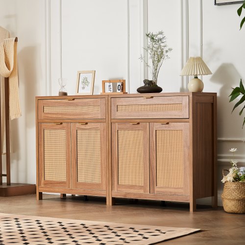 Natural rattan storage cabinet with 4 doors, 2 drawers, and adjustable shelves.