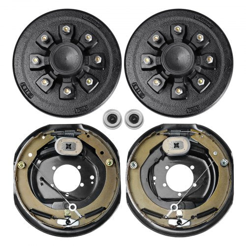 Pair of black trailer hub drums with 8 lugs and electric brake assemblies for 7000 lb axles.