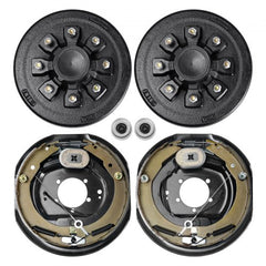 Pair of black trailer hub drums with 8 lugs and electric brake assemblies for 7000 lb axles.
