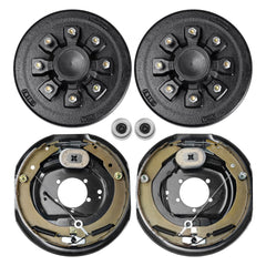 Pair of black trailer hub drums with 8 lugs and pair of 12x2-inch electric brake assemblies for 7000 lb axles.