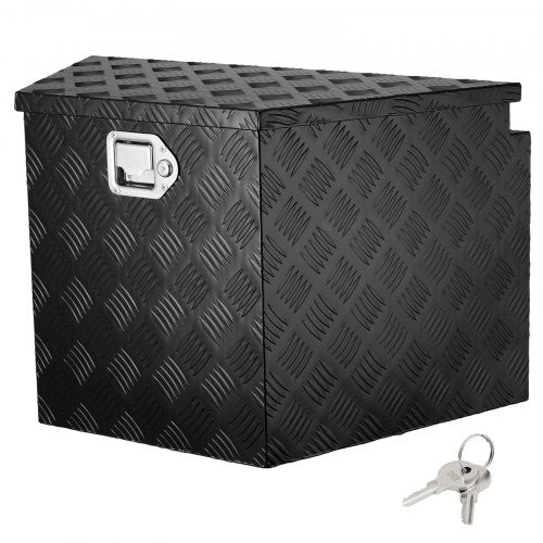 Black aluminum alloy trailer tongue tool box, 29x16.2x18in, with lock and key.