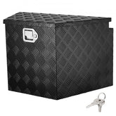 Black aluminum alloy trailer tongue tool box, 29x16.2x18in, with lock and key.