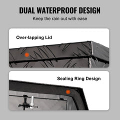 Aluminum alloy trailer tongue tool box with dual waterproof design, overlapping lid, and sealing ring.