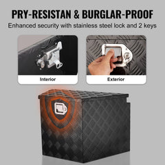 Black aluminum alloy trailer tongue tool box with pry-resistant stainless steel lock, 29x16.2x18 inches.