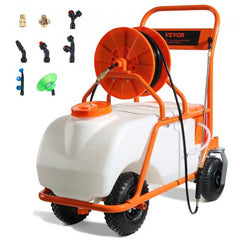 Orange Bostome 15-gallon battery-powered wheeled lawn sprayer with hose, nozzles, and 90 PSI pump.