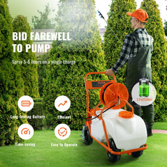 Orange wheeled battery-powered lawn sprayer with 15-gallon tank, man using it in garden.