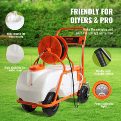 Orange Bostome 15-gallon battery-powered wheeled lawn sprayer with hose reel and nozzles.