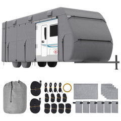 Gray waterproof RV cover for 24-27 ft Class A vehicles with straps, storage bag, and repair patches.