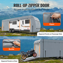 Bostome 18-20' travel trailer RV cover with 4-layer waterproof fabric and zipper access.