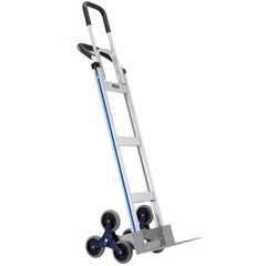 Silver aluminum stair climbing cart with black handle, blue accents, and four wheels, rated for 550 lbs.