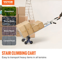 Aluminum stair climbing cart with 550 lbs capacity, shown transporting boxes on stairs and flat terrain.
