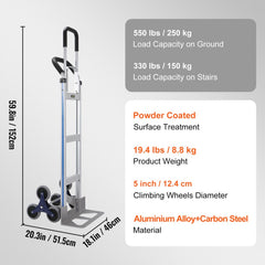 Aluminum stair climbing cart with 550 lb ground and 330 lb stair capacity, 5-inch wheels.