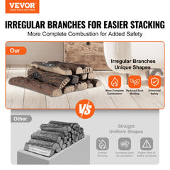 Infographic comparing VEVOR irregular branches for easier stacking and complete combustion versus uniform straight logs with safety risks.