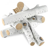 Six ceramic birch logs in various shapes designed for gas fireplaces, heat-resistant and realistic.