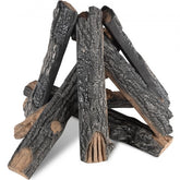 Eight ceramic oak gas fireplace logs in various sizes with realistic wood appearance.