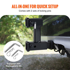 Black adjustable dual hitch extension mounted on a vehicle hitch receiver with locking pins.