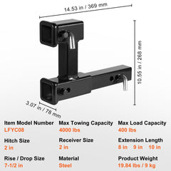 Black steel dual hitch extension for 2-inch receiver, adjustable 8-10 inches long with 7.5-inch rise/drop.