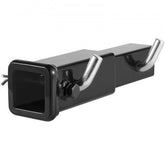 A black 7-inch trailer hitch extender with two hooks and a pin.