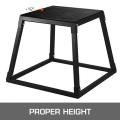Black steel 12-inch plyometric jump box with non-skid surface and padded feet.