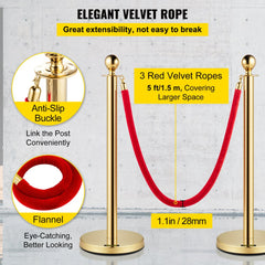 Six gold stainless steel stanchions with 5 ft red velvet ropes, featuring anti-slip bases and linkable buckles.