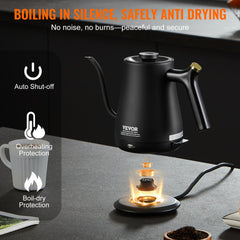Stainless steel electric gooseneck kettle with a precise pouring spout and ergonomic handle.