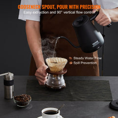 Stainless steel electric gooseneck kettle with a precise spout for controlled pouring.