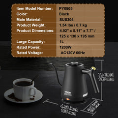 Stainless steel electric gooseneck kettle with precise spout for pour over coffee and tea.