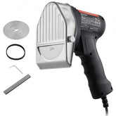 Electric shawarma knife with two stainless steel blades and adjustable thickness for precise slicing.